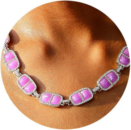 Chunky Necklace for Women 12 Colors Diamond Stone Gold Statement Necklace for Women Full Trendy Blue Birthstone Choker Necklace for Women Square Design Necklace Jewelry