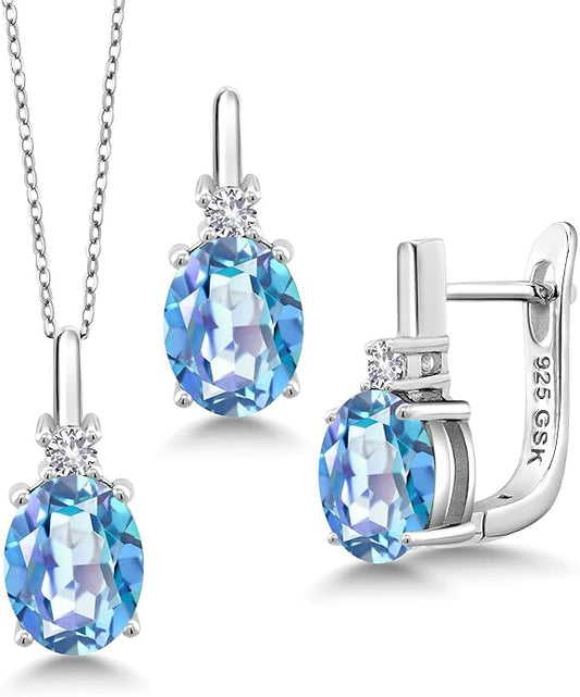 Gemstone Birthstone and White Created Sapphire Pendant and Earrings Jewelry Set for Women in 925 Sterling Silver | Oval 8X6MM and Round 2.5MM | With 18 Inch Chain | Fine Jewelry for Her Mom Women Wife