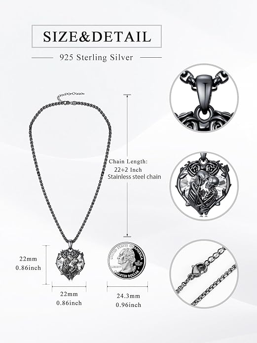 Flpruy 925 Sterling Silver Black Gothic Jewelry Gifts Skeleton Couple Pendant Crystal Birthstone Heart Necklace Punk Romantic Jewelry for Lover Men Women
