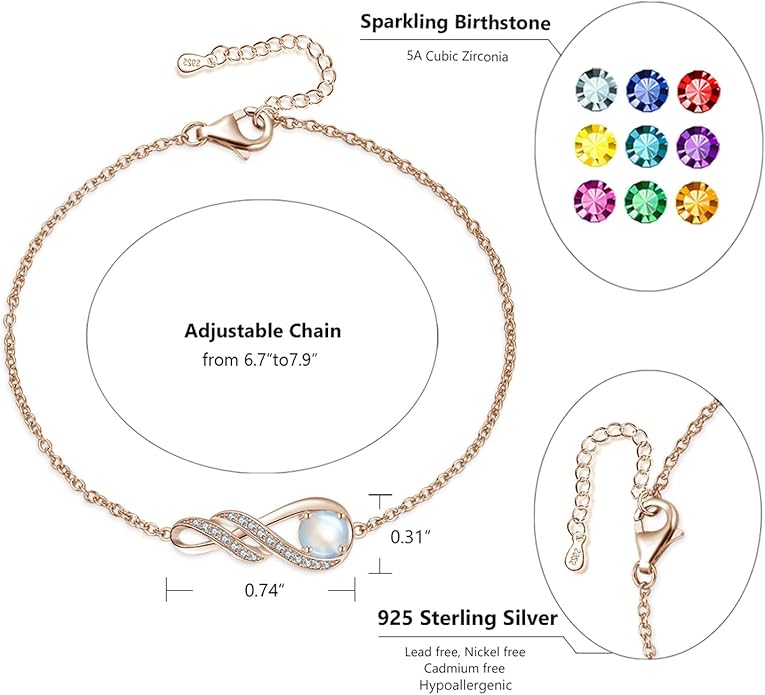 Birthstone Bracelets for Women 925 Sterling Silver Created Gemstone Bracelet Infinity Pendant Jewelry for Her, 6.7"+1.2"