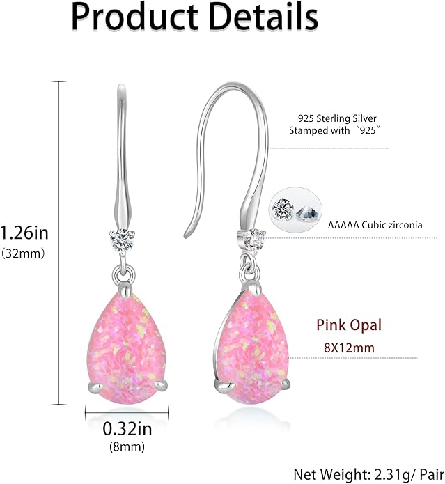 Opal Earrings 925 Sterling Silver Hook Drop Teardrop Gemstone Earrings October Birthstone Dangle Earrings Jewelry Gift for Women