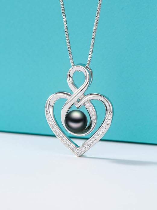 KANNSOAR Tahitian Black Pearl AAAA 18K White Gold Plated Sterling Silver Heart Pendant Necklace for Women Wife Mom Girlfriend Valentine Her Jewelry Gift for Anniversary Birthday Christmas