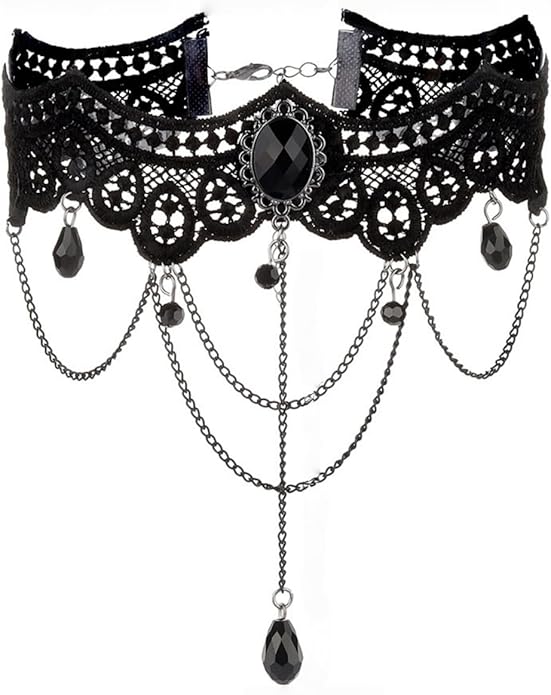 Vintage Lace Choker Necklace for Women Gothic Style Black Crystal Hollowed Out Necklace Statement Layered Tassels Necklace Victoria Halloween Vampire Jewelry