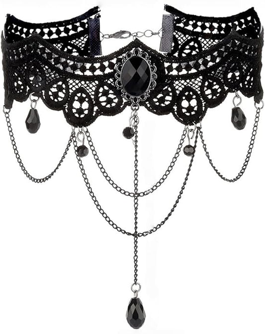 Vintage Lace Choker Necklace for Women Gothic Style Black Crystal Hollowed Out Necklace Statement Layered Tassels Necklace Victoria Halloween Vampire Jewelry