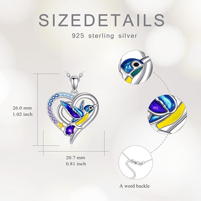 Hummingbird Necklace Hummingbird Necklaces for Women Sterling Silver 925 Purple Blue Hummingbird's Heart Pendant Jewelry Memorial Mothers Day Christmas Gifts