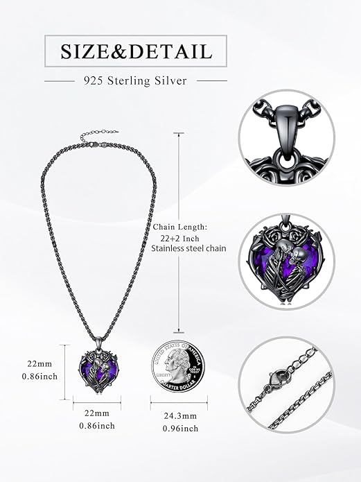 Flpruy 925 Sterling Silver Black Gothic Jewelry Gifts Skeleton Couple Pendant Crystal Birthstone Heart Necklace Punk Romantic Jewelry for Lover Men Women