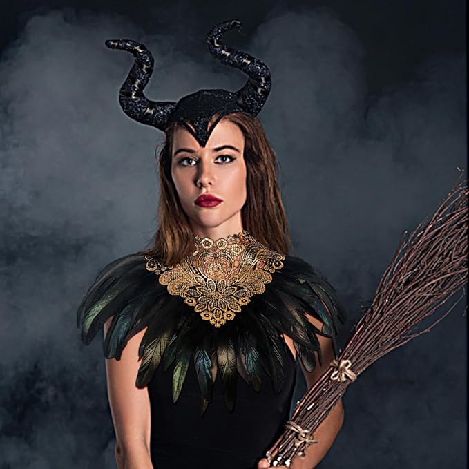 L'VOW Real Black Feather Harness Lace Collar Necklace Bib Halloween