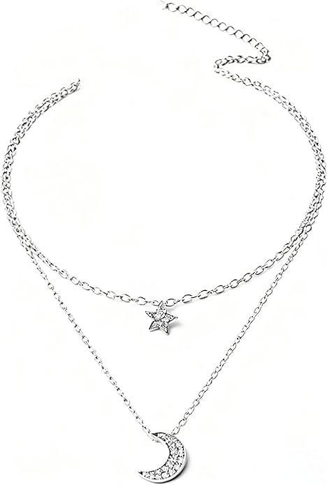 Layered Sliver Necklaces for Women - Dainty Sliver Plated Moon Star Pendant Choker, Adjustable Stackable Dainty Chain Jewelry Set,Trendy Jewelry Gift