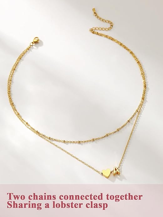 FOCALOOK Layered Initial Necklace for Women, 14K Gold Plated Choker Necklaces Stacks with Initial A-Z, Dainty Silver Heart Pendant Necklace Personalized Birthday Women Jewelry