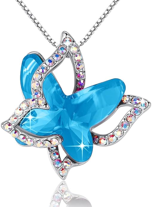 Gift Butterfly Birthstone Crystal Necklace, Silver Tone with 18”+2” Chain, Necklace for Mother’s Day Anniversary Birthday Gifts for Women and Daughter