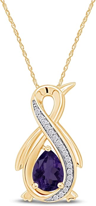 Infinity Penguin Pendant Necklace for Women, 14K Gold Over Sterling Silver with Pear & Round Cut Simulated Birthstone & White Diamond Accents, Dainty Animal Jewelry Gift with 18" Chain