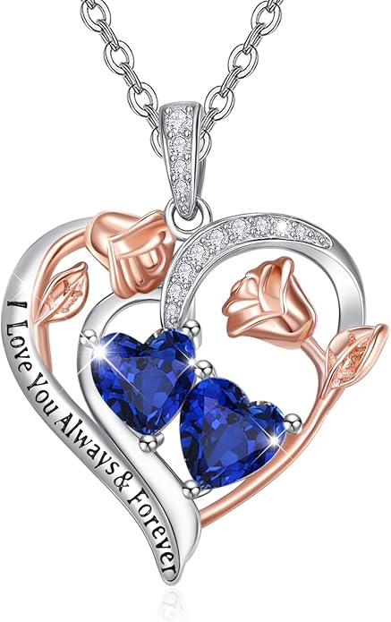 Zeuslia Double Birthstone Necklace Gifts for Wife - 925 Sterling Silver Sunflower/Rose/Crown Cross/Compass/Heart Pendant I Love You Necklace, Anniversary Birthday Gifts for Wife Girlfriend Mom Her