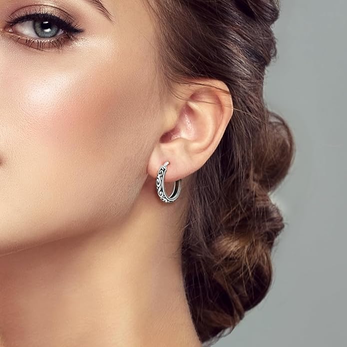 Hapour Vintage Filigree 925 Sterling Silver Oval Small Hoop Earrings for Women Fashion Flower Dainty Huggie Hoops Hypoallergenic Trendy Jewelry Birthday Gifts for Her
