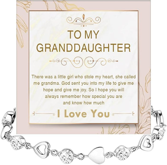 To My Granddaughter Heart Bracelet, Meaningful Jewelry Gift, Bracelet For Granddaughter from Grandma Grandpa with Message Card and Box on Christmas, Birthday, Graduation, Bracelets For Women