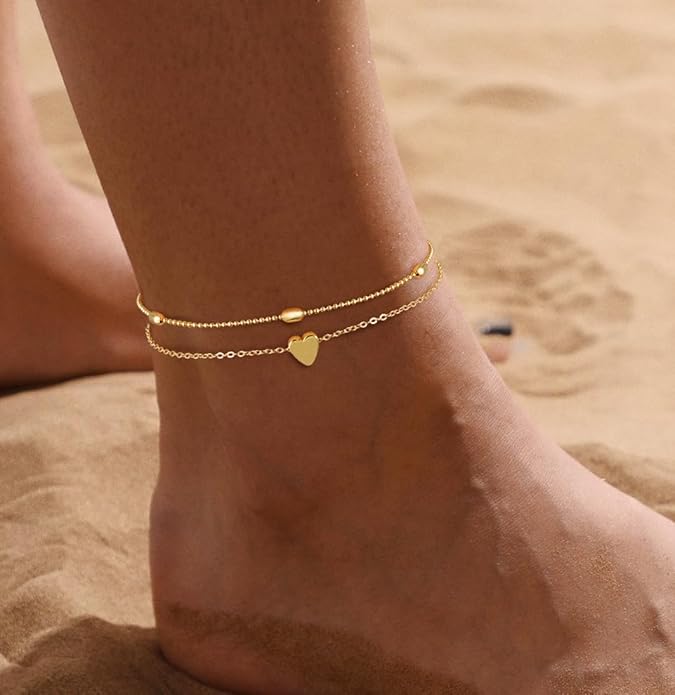 2/3 PCS Gold Anklets for Women Waterproof Cuban Link Anklet Beaded Bracelets Stackable Bracelets 14K Gold Plated Custom Jewelry Gifts Non Tarnish Lightweight