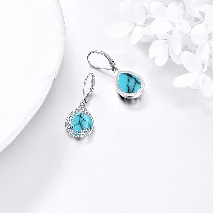 Filigree Earrings Sterling Silver Teardrop Moonstone Moss Agate Lapis Lazuli Larimar Emerald Peridot Opal Dangle Dangly Drop Leverback Earrings Boho Jewelry Gifts for Women