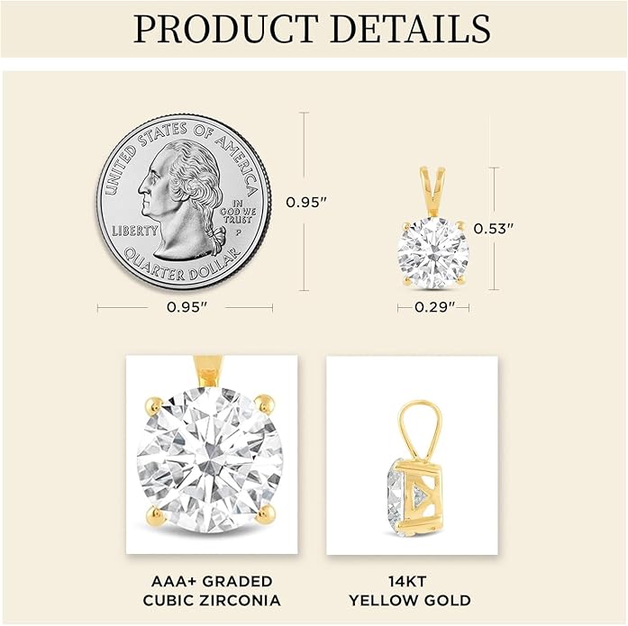 Everyday Elegance Solid 14K Gold Cubic Zirconia Solitaire Pendant Necklace for Women Heart, Princess, Round, Oval, Emerald, Pear & Cushion Cut 1 or 2 CTW | .60mm Thick 16" 18" Length Box Link Chain