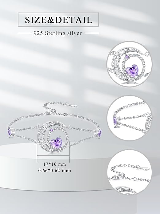 Dorunmo 925 Sterling Silver Moon Heart Birthstone Anklet Bracelets for Women Best Mother's Day Birthday Jewelry for Wife Girlfriend Mom Her