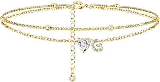 Ankle Bracelets for Women Waterproof 14K Gold Plated CZ Initial Anklet for Women Dainty Layered Letter Heart Ankle Bracelets Handmade Adjustable Foot Chain Anklet Summer Beach Jewelry