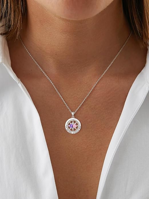 Compass Birthstones Necklace for Women, Exquisite Anniversary Birthday Gifts for Wife Her Double Birthstone Pendant jewelry ‘I'd be Lost Without You’