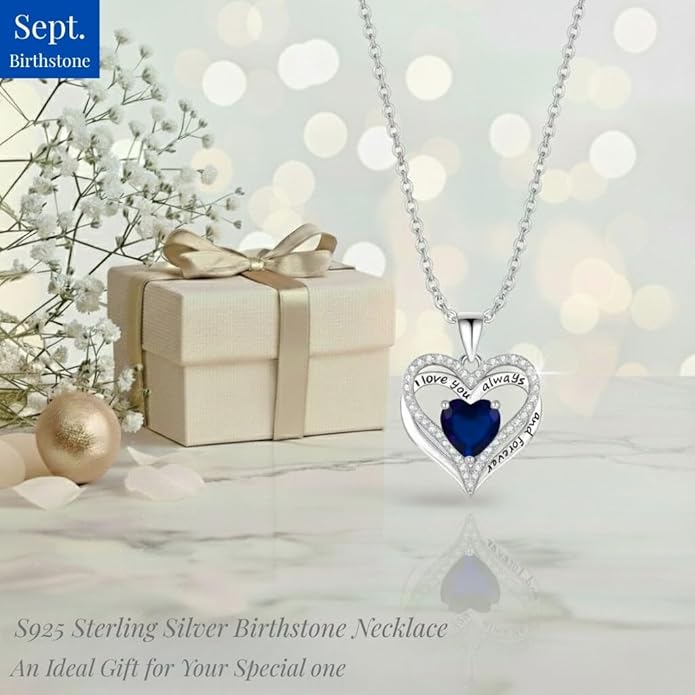 Birthstone Heart Necklace for Women Wife Girlfriend Mom Daughter Gifts S925 Silver Jewelry For Anniversary Rose Gold Gifts For Birthday Christmas Mothers Valentines Day