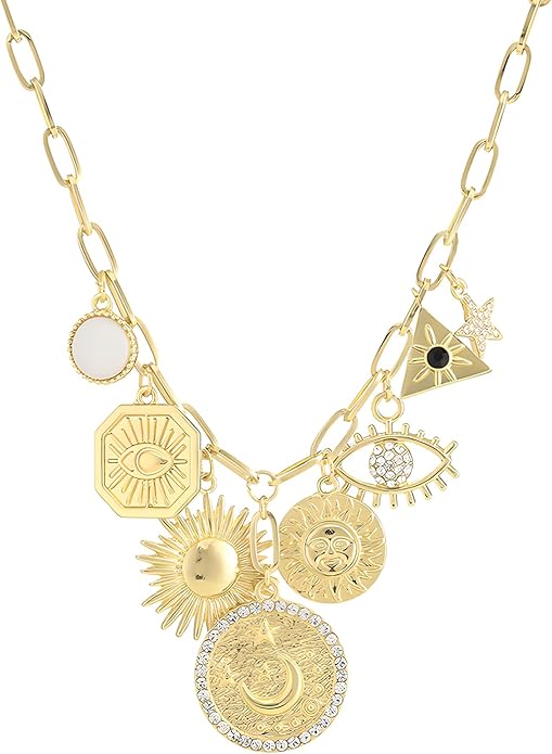 Charm Necklace for Women Gold Plated Chunky Evil Eye Sun Moon Flower Coin Pendant Dainty Handmade Paperclip Chain Necklace Jewelry for Women