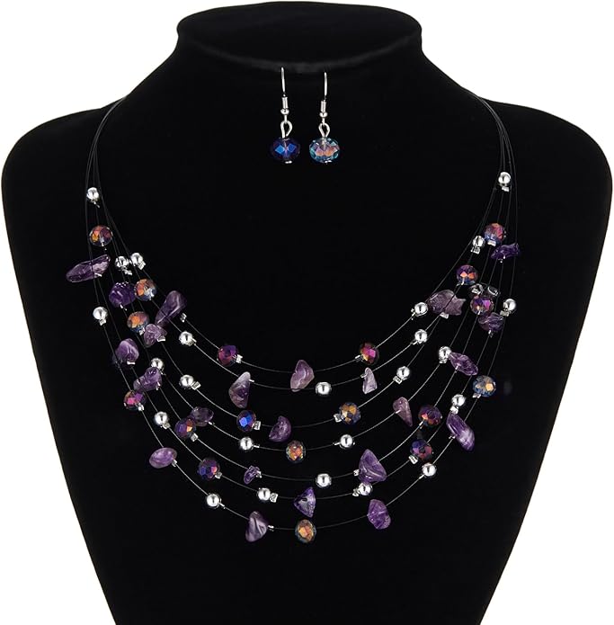 Multi-Layer Boho Shell Beaded Necklace for Women Colorful Crystal Strand with Silver Beads Statement Collars Necklace and Earrings Costumes Jewelry Sets for Women
