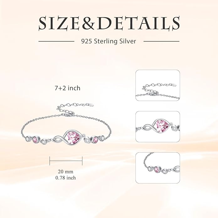 Infinity Birthstone Bracelet 925 Sterling Silver Heart Love Infinity Link Bracelet Fine Jewelry Birthday Christmas Gifts for Women Girlfriend Wife