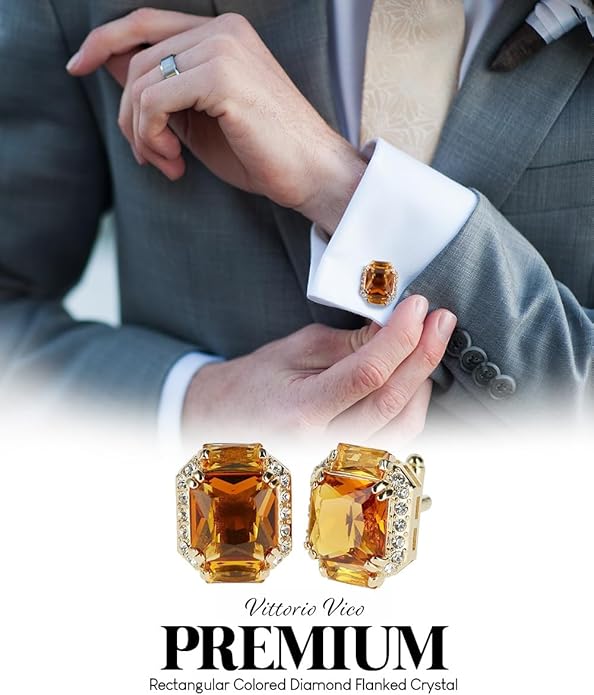 Rectangular Colored Diamond-Flanked Crystal Cuff Links – Tuxedo Suit Accessories, Cufflinks for Men