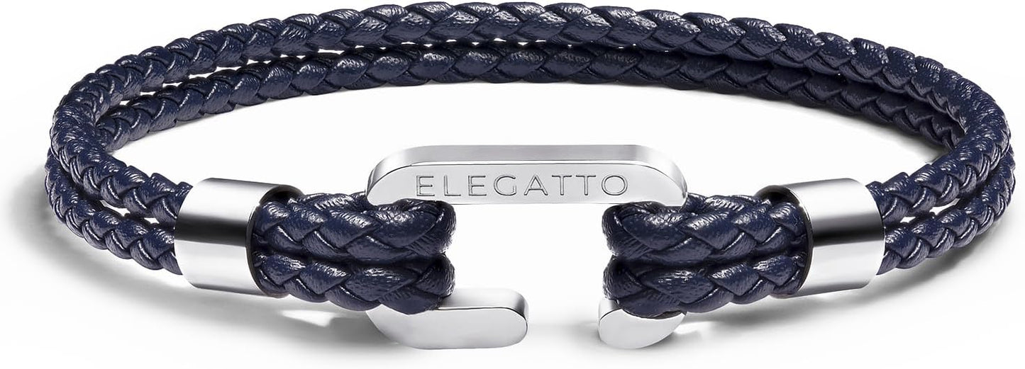 Elegatto Helix Premium Vintage Leather Bracelet for Men | Double Black Leather Strands with Sterling Silver Polished Mini Shackle Closure | Men’s Designer Jewelry