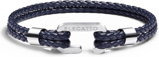 Elegatto Helix Premium Vintage Leather Bracelet for Men | Double Black Leather Strands with Sterling Silver Polished Mini Shackle Closure | Men’s Designer Jewelry