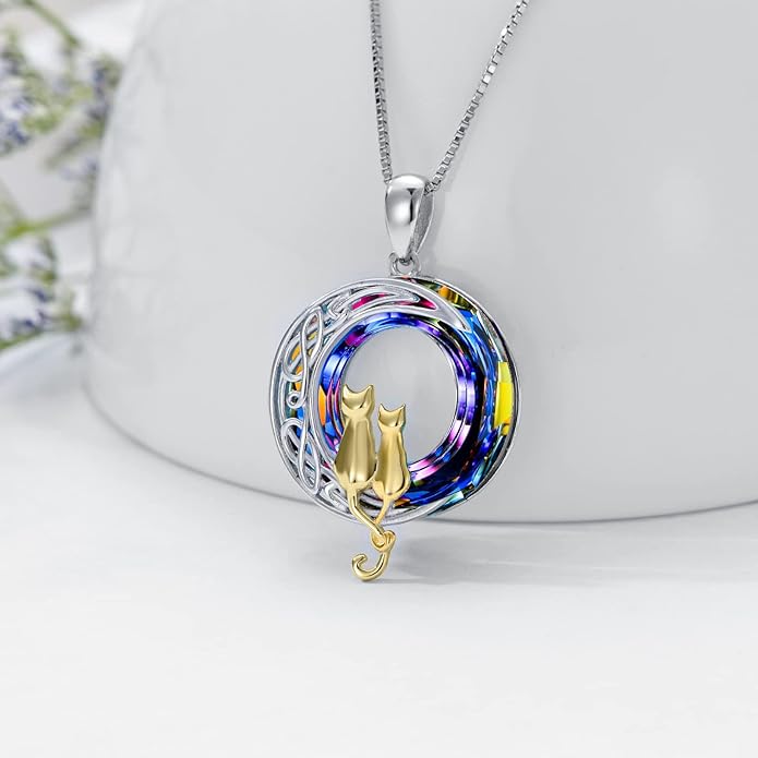 TOUPOP Christmas Cat Gifts for Cats Lovers One Two Three Four Cats Necklace Sterling Silver Cats on the Moon Pendant Necklace with Blue Circle Crystal Birthday Christmas Celtic Jewelry Gifts for Women