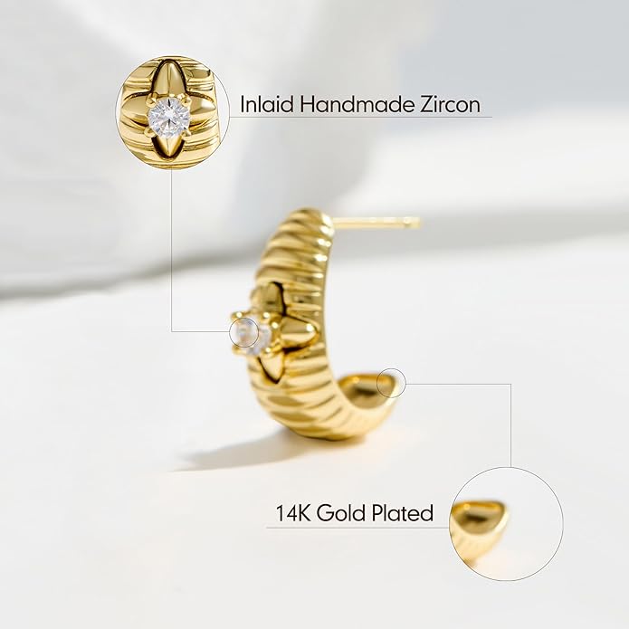14K Gold & Rose Gold Hoop Earrings for Women, Chunky Huggie Half Hoops Earrings, Hypoallergenic Non Tarnish Cubic Zirconia Trendy Minimalist Everyday Jewelry Gift