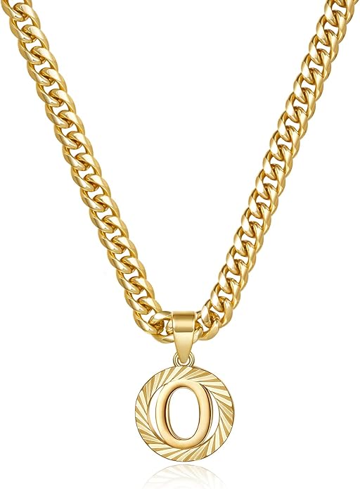 KissYan Gold Initial Necklace,14K Gold Plated Round Letter Pendant Hollow Capital Monogram 5mm Cuban Chain Necklace Alhpabets from A-Z Dainty Jewelry for Women Men