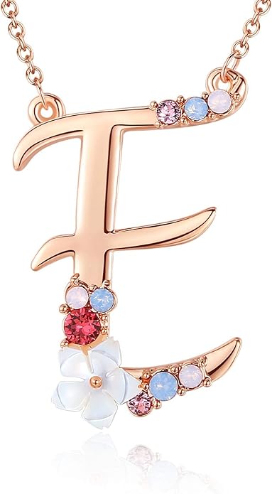 Flower Initial Letter Necklace Pink Red Blue Simulated Pearl Pendant Name Jewelry Made with Austrian Crystals Rose Gold Plated Anniversary Birthday Gifts for Women,18"+2"