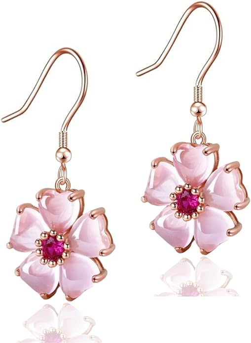 VONSSY Elegant Cherry Blossom Necklace Earrings Pink Cats Eye Flower Flora Sakura Gemstone Crystal Pendant 18k Gold Plated Chain Jewelry Set Gift for Woman Wife Girlfriend