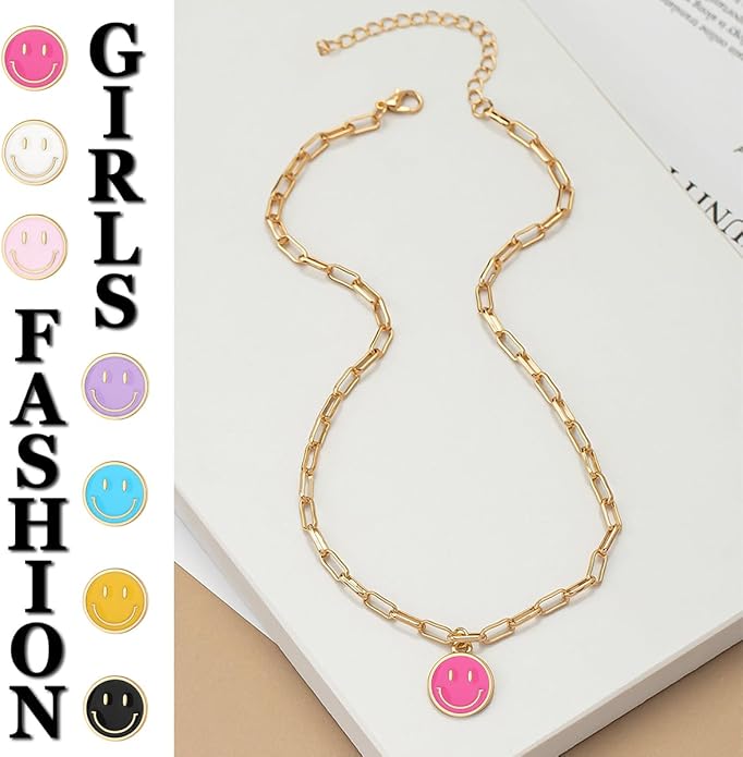 Smile Pendant Necklace Smile Face Chain Necklace Paperclip Necklace Cute Round Pendant Necklace Preppy Jewelry for Women Girls