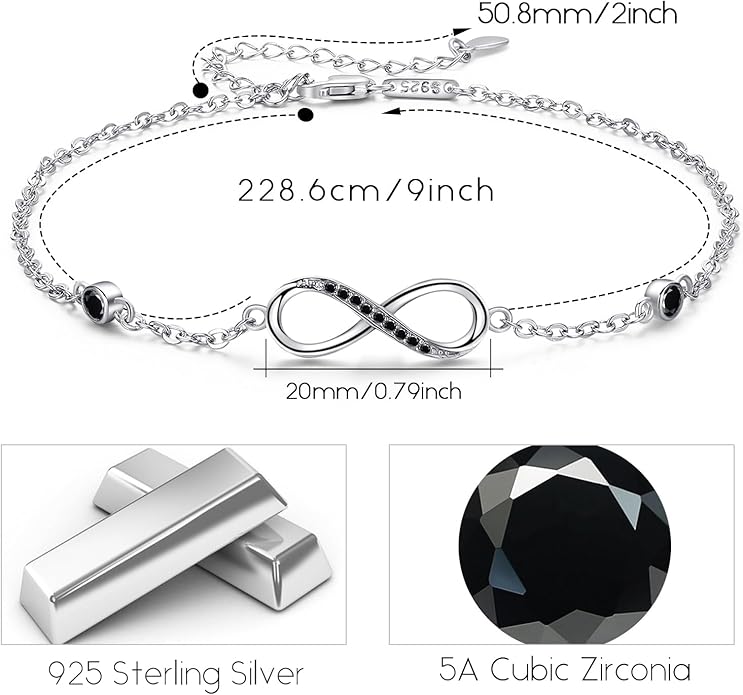 MEDWISE Womens Infinity Anklet Bracelet 925 Sterling Silver Endless Love Symbol Ankle Bracelet Adjustable Plus Size Large Bracelet Gifts for her Mother’s Day Gifts