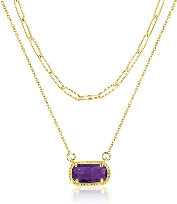 Lourny Gemstone Birthstone Pendant Layered Necklace for Women Trendy, 18K Gold Plated Paperclip Chain Preppy Choker Charm Necklace for Women Wife Jewelry