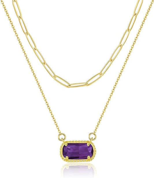 Lourny Gemstone Birthstone Pendant Layered Necklace for Women Trendy, 18K Gold Plated Paperclip Chain Preppy Choker Charm Necklace for Women Wife Jewelry