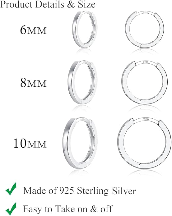 3 Pairs 925 Sterling Silver Hoop Earrings 14K White Gold Plated Small Silver Hoops Cartilage Huggie Earrings for Women Men