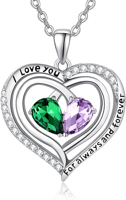 Zeuslia Double Birthstone Necklace Gifts for Wife - 925 Sterling Silver Sunflower/Rose/Crown Cross/Compass/Heart Pendant I Love You Necklace, Anniversary Birthday Gifts for Wife Girlfriend Mom Her
