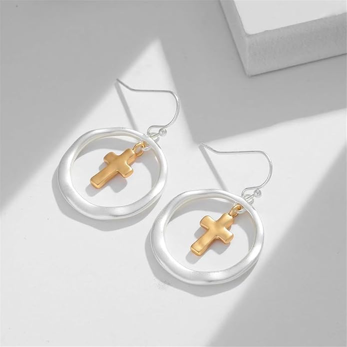 Mixed Metal Earrings, Round Circle Hoop Two Tone Dangle Earrings, Vintage Gold and Silver Geometric Earrings, Handmade Boho Earrings for Women