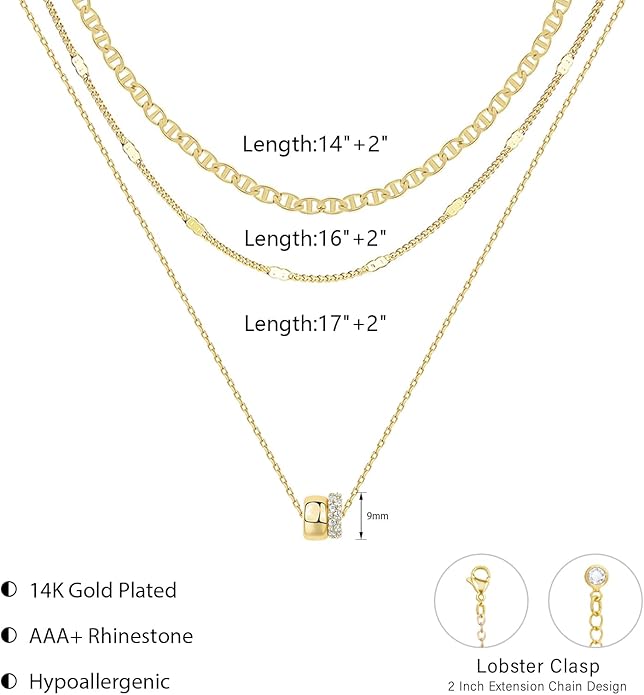 OGD Layered CZ Rondelle Pendant Necklaces for Women, 14K Gold Plated Trendy Mariner Chain Dainty Circle Rondelle Pendant Choker Necklace for Women Two-Toned Cubic Zirconia Gold Necklace