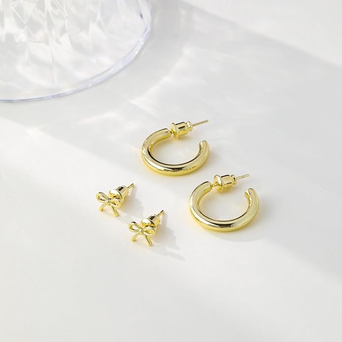 Gold Hoop Earrings Set for Women Trendy, 14K Gold Plated Chunky Hypoallergenic Small Diamond Cartilage Hoops Cute Cubic Zirconia Dangle Stud Earrings Jewelry Gifts