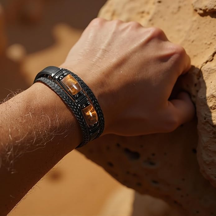 Tiger Eye Black Leather Bracelet Men Natural Tiger Eye Gemstone Crystal Stone Jewelry Handmade Courage And Stress Relief Protection Bracelet