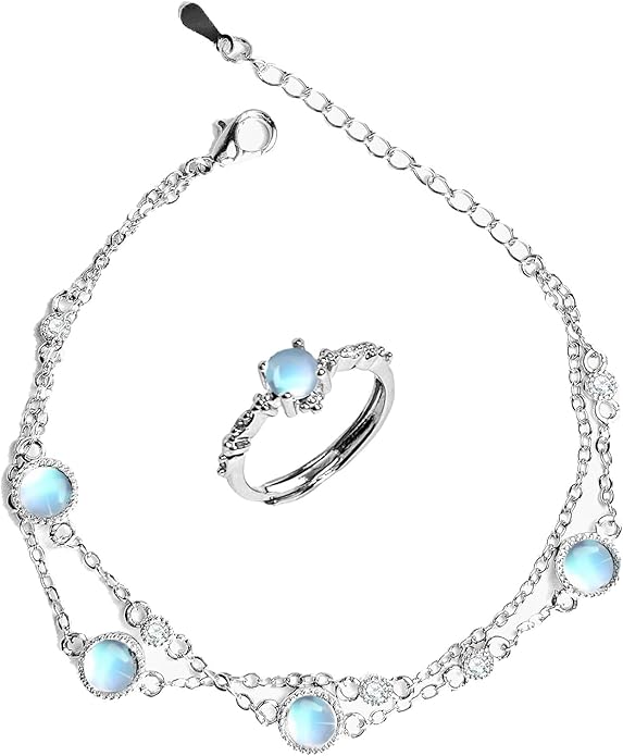 Moonstone Bracelets Round Moonstone Adjustable Ring Jewellery for Women Girlfriend Mom