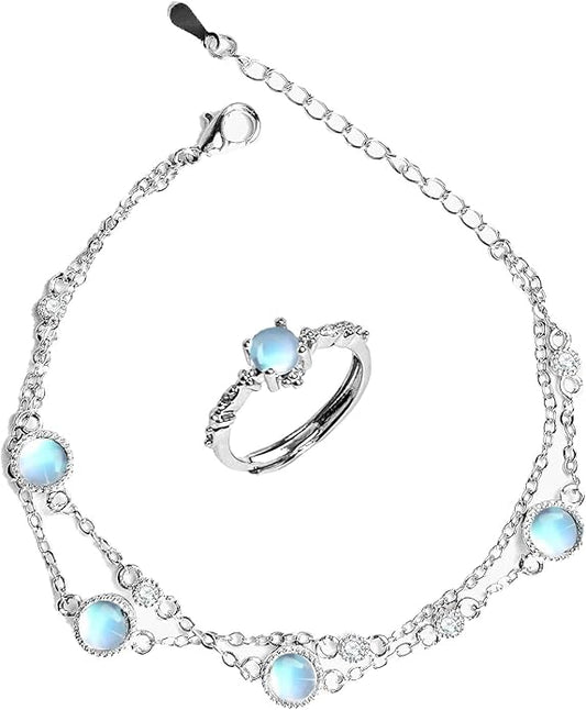 Moonstone Bracelets Round Moonstone Adjustable Ring Jewellery for Women Girlfriend Mom