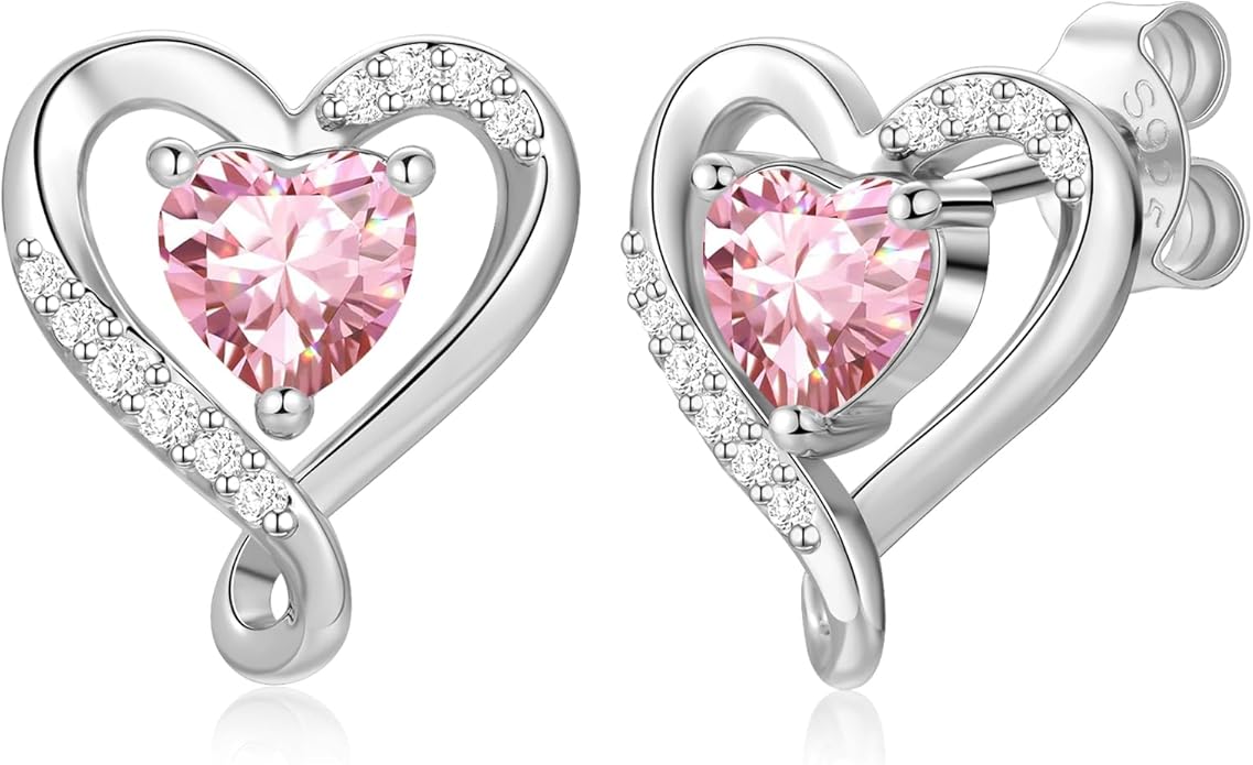 Earrings for Women, S925 Sterling Silver Rose Gold Birthstone Heart Studs Earring for Girlfriend Wife, Anniversary Birthday Christmas Valentines Mothers Day Gifts Jewelry for Women Wife Her Mom