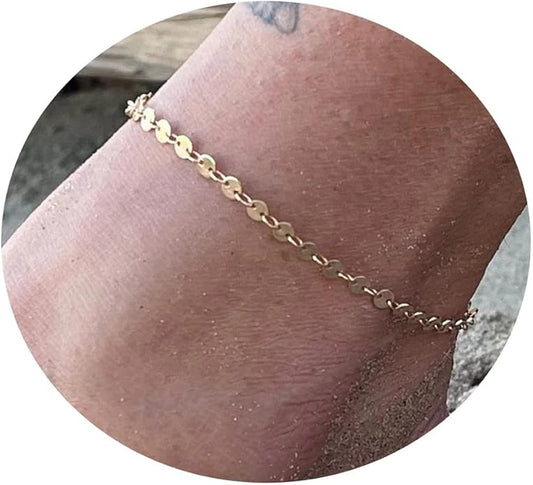 Pencros Dainty Layered Anklet,14K Gold Filled Cute Beads Satellite Chain Heart Boho Adjustable Anklets for Women